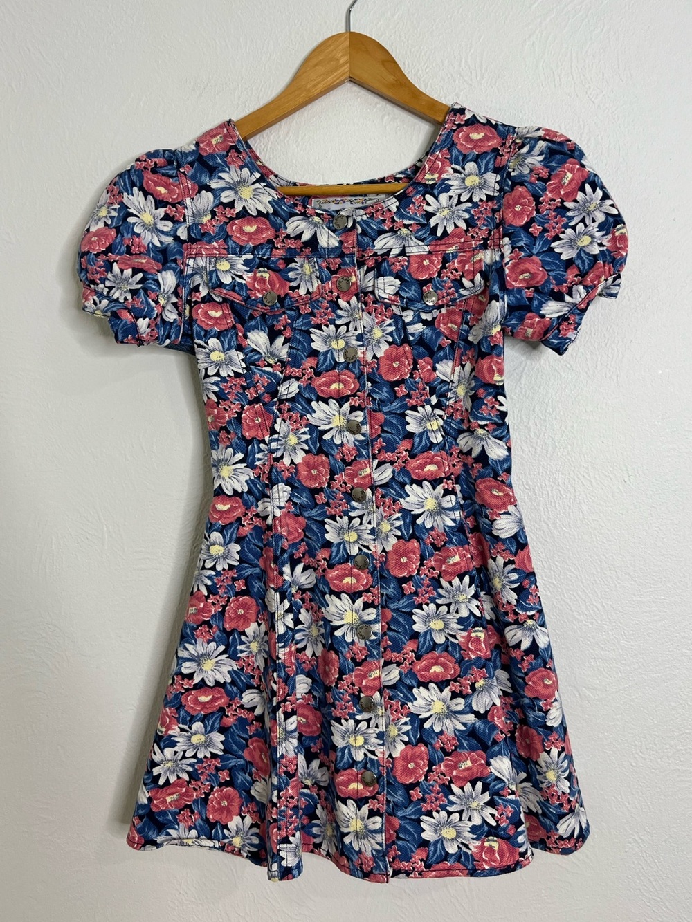 Vintage Paris Blues Navy Floral Puff-Sleeve Denim Floral Dress size 10